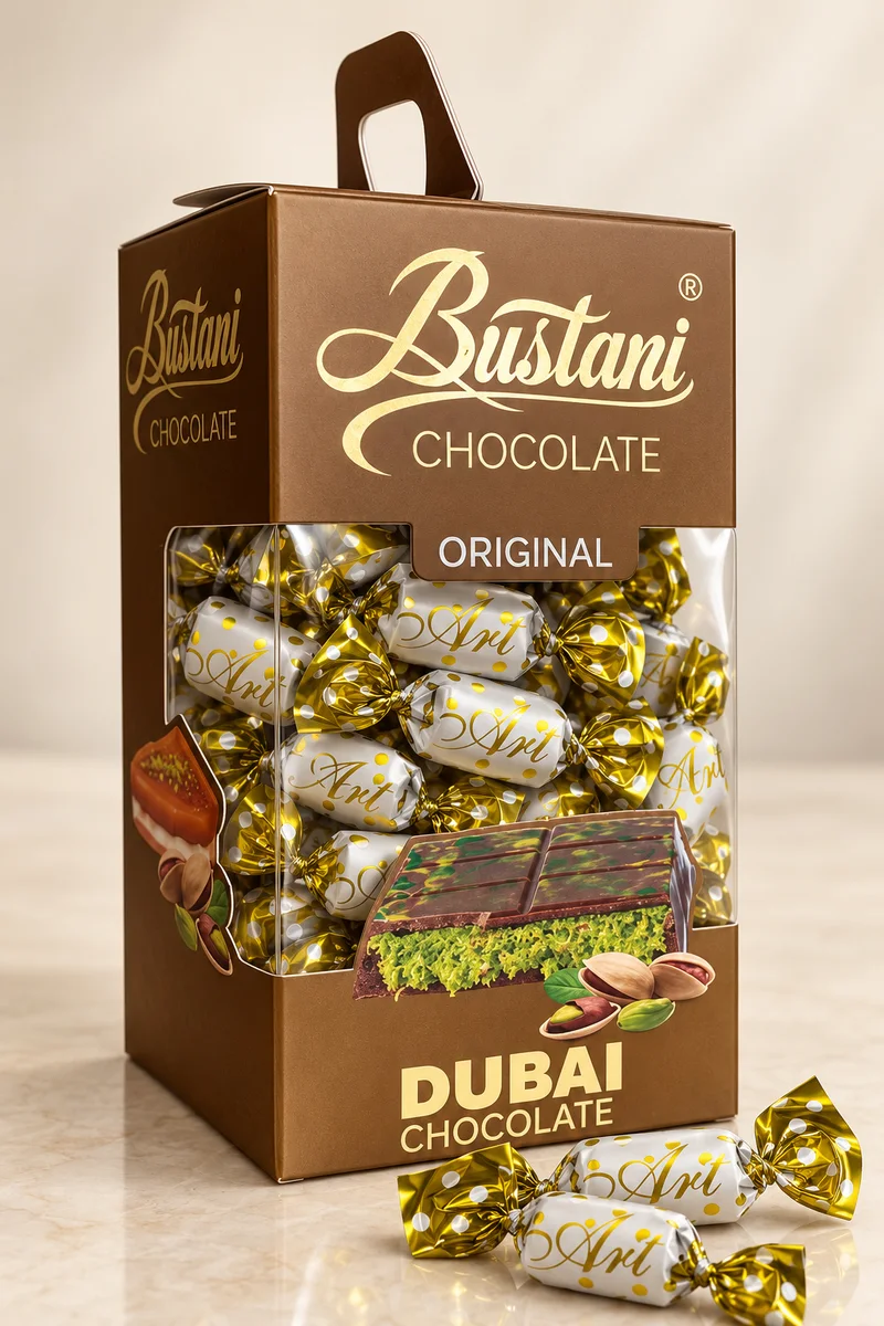 Bustani Dubai Chocolate 200g gift box with gold-wrapped pieces and pistachios