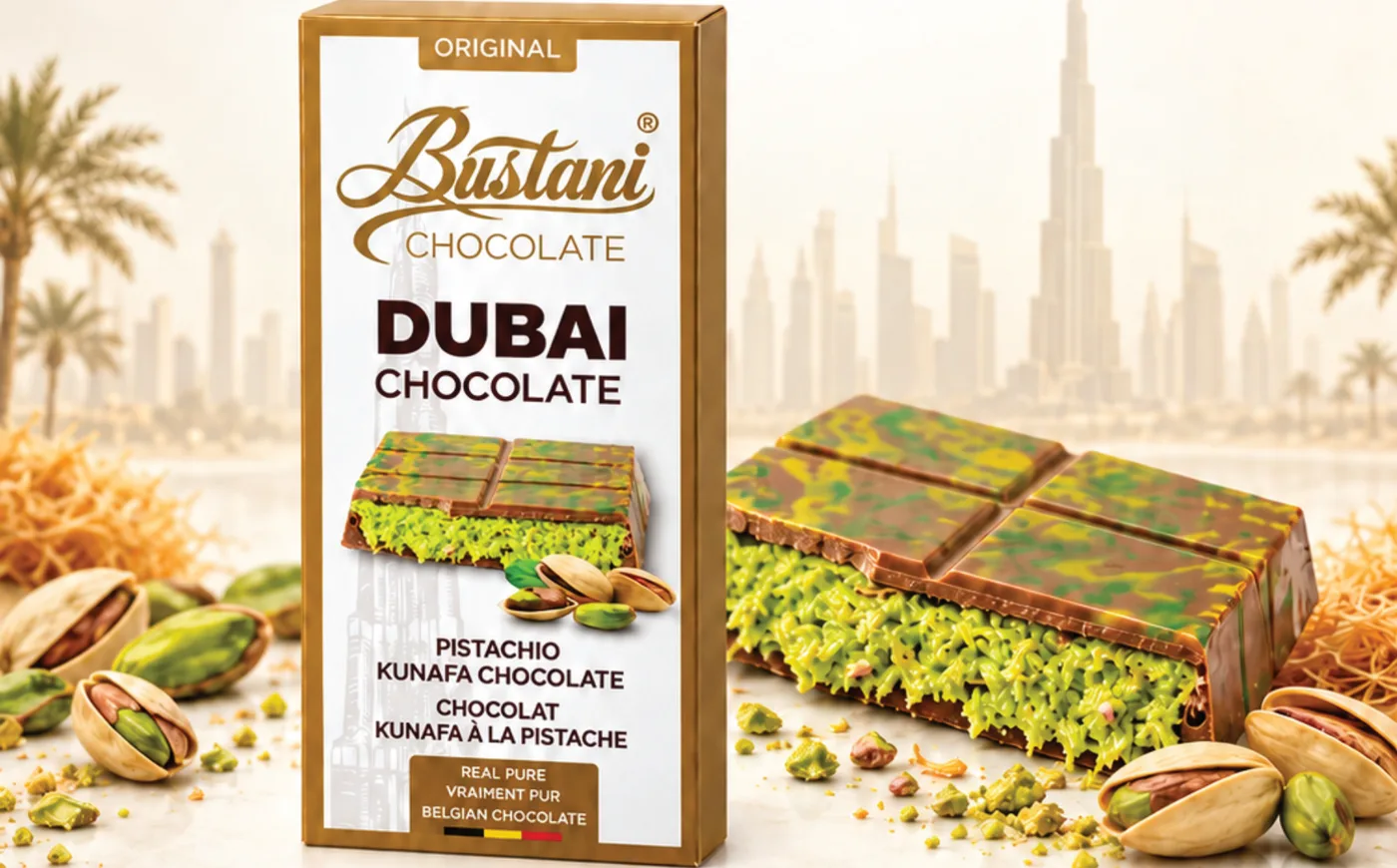 Bustani Dubai Chocolate bar broken open to show the pistachio kunafa filling