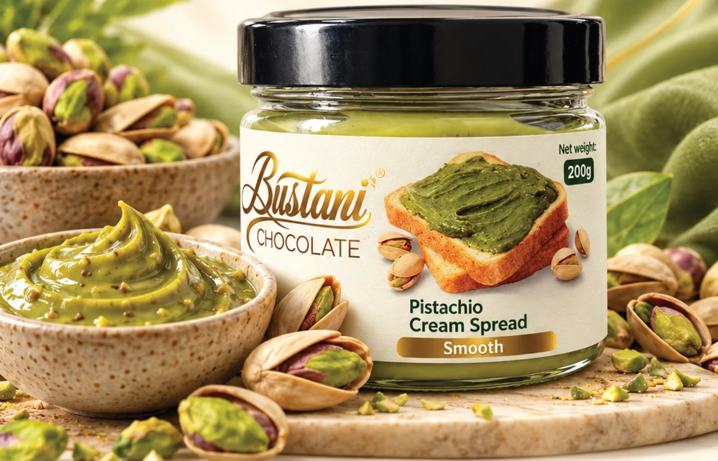 Jar of Bustani Pistachio Cream Spread surrounded by pistachios