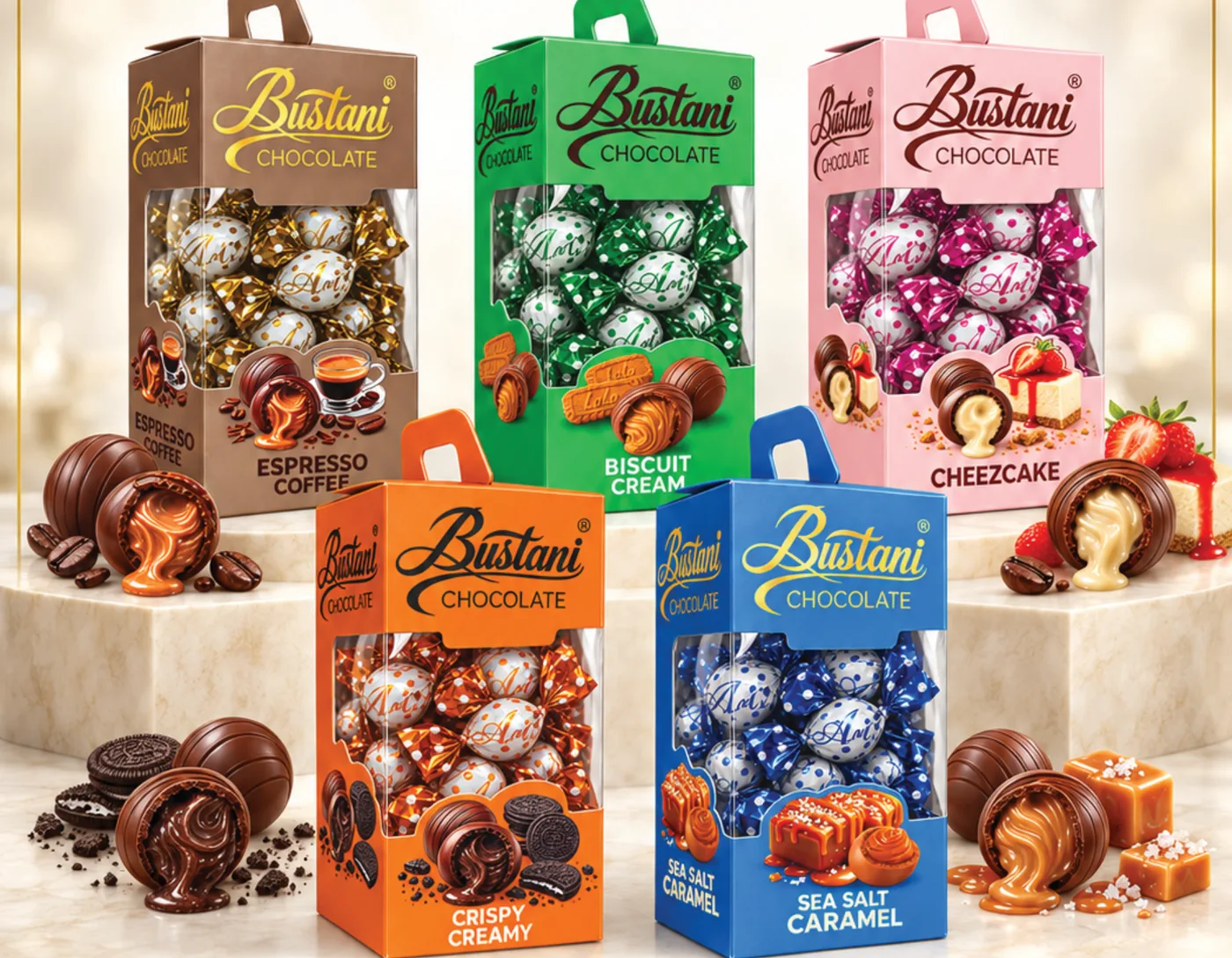 The Bustani filled chocolate spheres collection in five coloured boxes